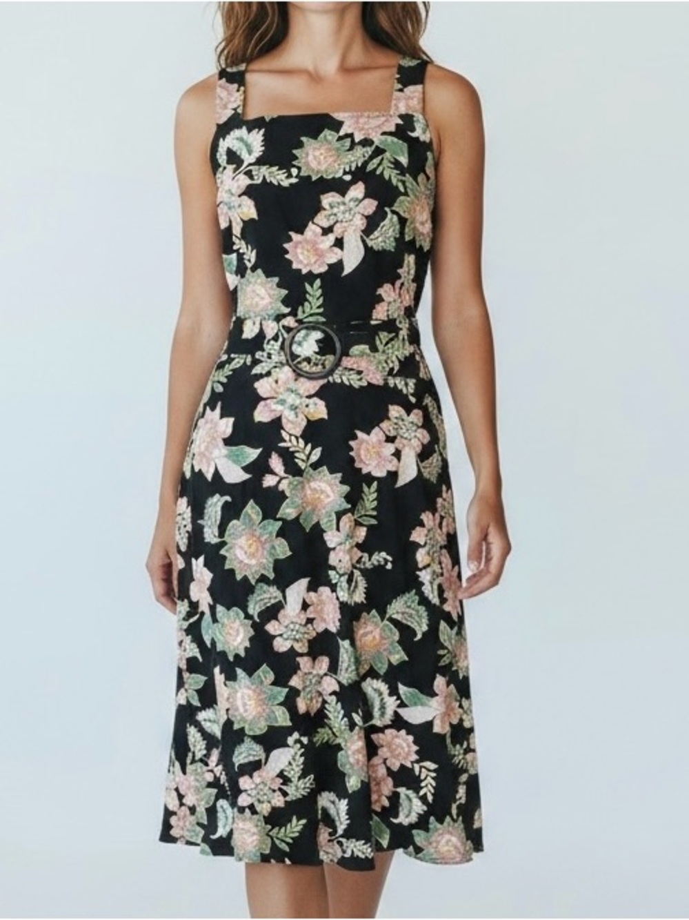 Who What Wear Floral Linen Blend Midi Dress Belted Black Pink XL NWT